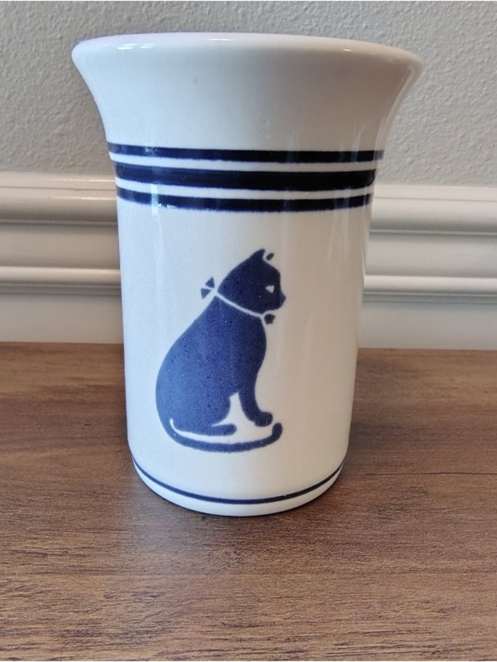 Vtg Pfaltzgraff Country Fair Cat Blue Utensil Crock Stoneware Jar Cat Lover 6"